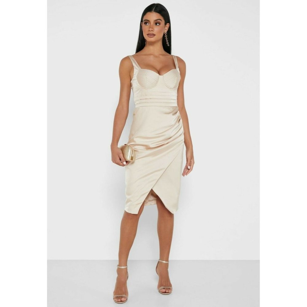 Lavish Alice Size 4 pleated detail satin wrap midi dress in clay